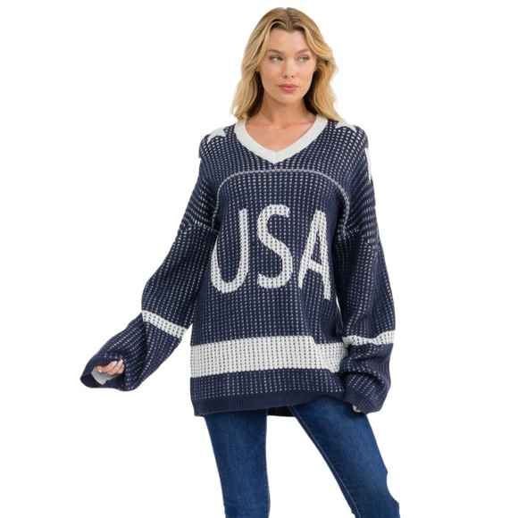 USA Hockey Sweater Oversized Knit Patriotic V-Neck NWT - Picture 2 of 9